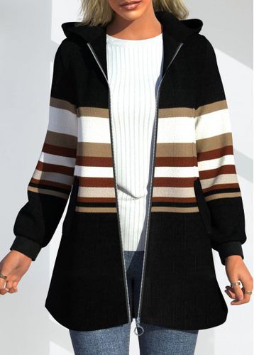 Black Zipper Striped Long Sleeve Hooded Coat - unsigned - Modalova