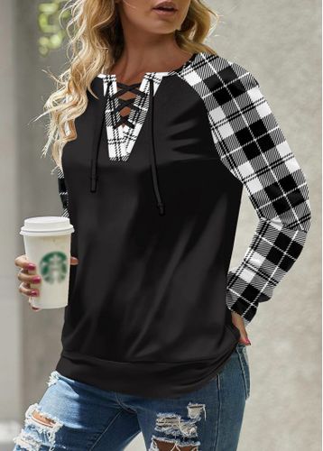 Black Lace Up Plaid Long Sleeve Round Neck Sweatshirt - unsigned - Modalova
