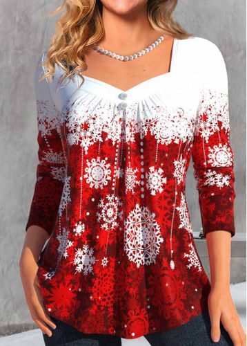 Wine Red Button Snowflake Print Long Sleeve T Shirt - unsigned - Modalova