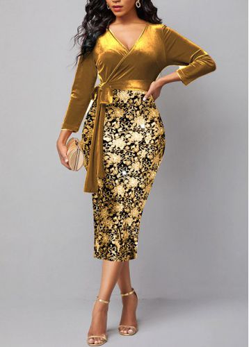 New Year Golden Hot Stamping Floral Print Belted Dress - unsigned - Modalova