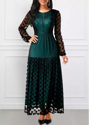 Blackish Green Button Polka Dot Long Sleeve Dress - unsigned - Modalova