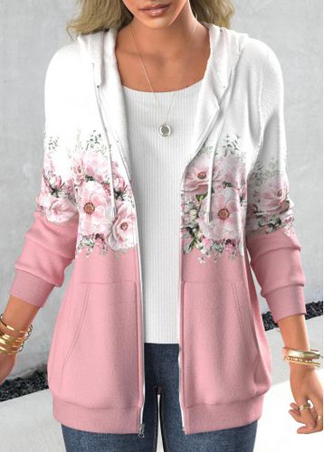 Valentine's Day Light Pink Zipper Floral Print Hoodie - unsigned - Modalova