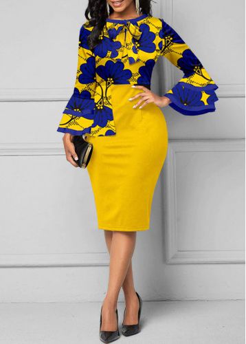 Yellow Contrast Binding Floral Print Long Sleeve Dress - unsigned - Modalova