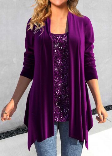 Purple Sequin Long Sleeve Square Neck Blouse - unsigned - Modalova