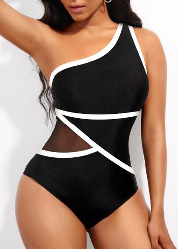 Asymmetric Contrast Binding Black One Piece Swimwear - unsigned - Modalova