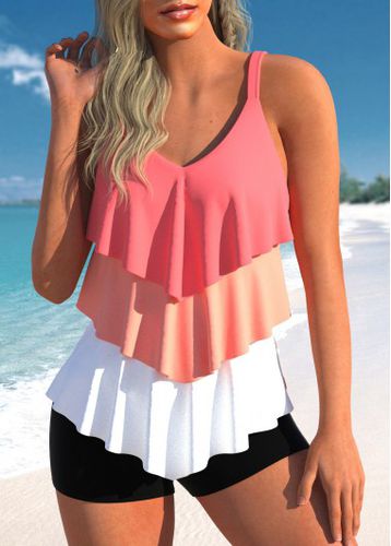 Handkerchief Hem Layered Coral Red Tankini Top - unsigned - Modalova