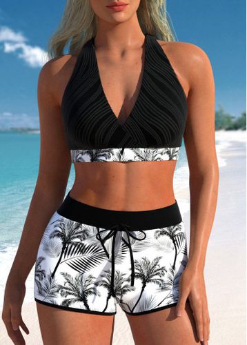 Criss Cross Leaf Print Black Bikini Top - unsigned - Modalova