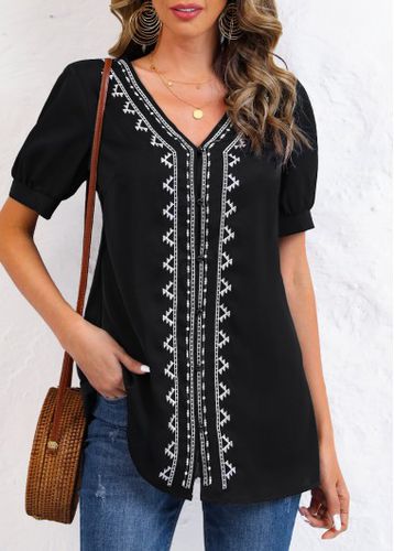 Black Embroidery Tribal Print Long Sleeve Blouse - unsigned - Modalova