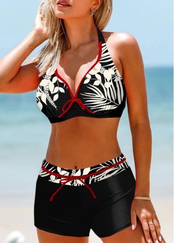 Contrast Binding Leaf Print Black Bikini Top - unsigned - Modalova