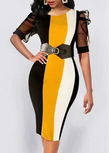 Multi Color Mesh Striped Half Sleeve Bodycon Dress - unsigned - Modalova