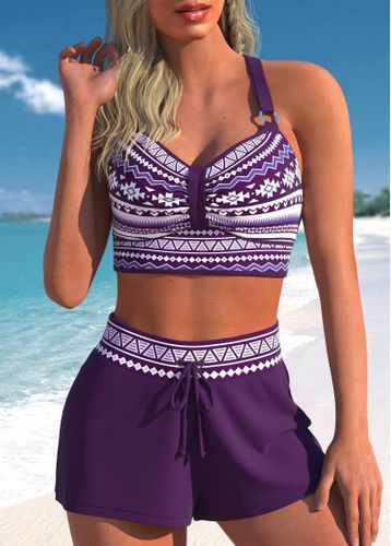 Metal Ring Tribal Print Purple Bikini Top - unsigned - Modalova