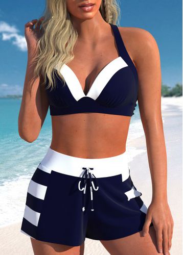 Patchwork High Waisted Striped Navy Bikini Set - unsigned - Modalova