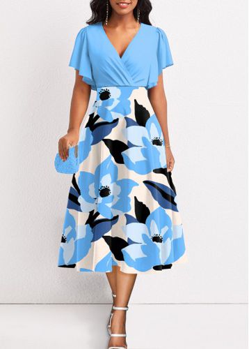 Light Blue Surplice Floral Print Short Sleeve Dress - unsigned - Modalova