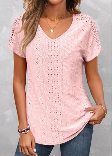 Pink Lace Short Sleeve V Neck T Shirt - unsigned - Modalova