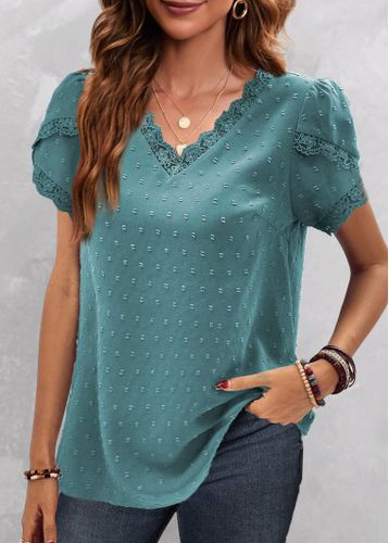 Turquoise Lace Short Sleeve V Neck Blouse - unsigned - Modalova