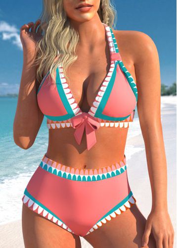Bowknot Mid Waisted Tribal Print Pink Bikini Set - unsigned - Modalova