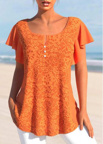 Orange Lace Short Sleeve Split Neck T Shirt - unsigned - Modalova