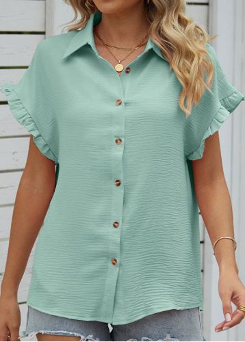 Mint Green Button Short Sleeve Shirt Collar Blouse - unsigned - Modalova