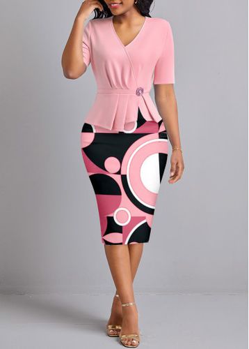 Pink Ruched Geometric Print Short Sleeve Bodycon Dress - unsigned - Modalova