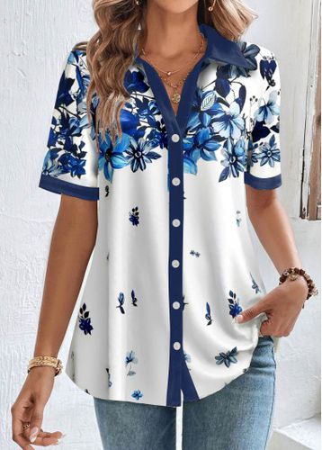 White Button Floral Print Short Sleeve Blouse - unsigned - Modalova