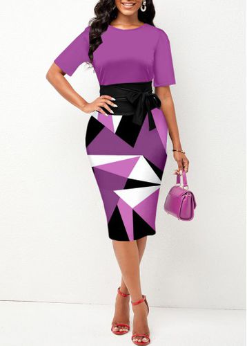 Purple Tie Geometric Print Short Sleeve Bodycon Dress - unsigned - Modalova