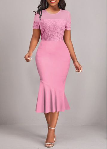 Pink Lace Short Sleeve Round Neck Bodycon Dress - unsigned - Modalova