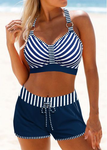 Circular Ring Mid Waisted Striped Navy Bikini Set - unsigned - Modalova