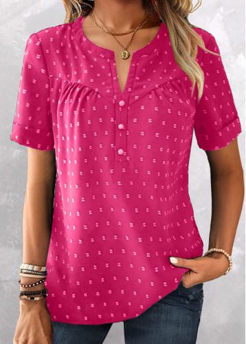 Hot Pink Button Short Sleeve Split Neck Blouse - unsigned - Modalova