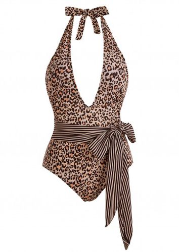 Leopard Print Halter Belted One Piece Swimwear - unsigned - Modalova