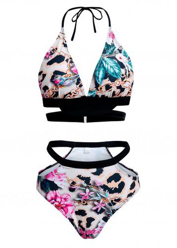 Floral Print Halter Leopard Bikini Set - unsigned - Modalova