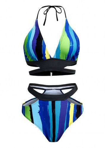 Striped Mid Waist Halter Bikini Set - unsigned - Modalova