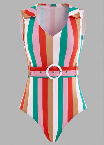 Rainbow Stripe Belted Turndown Collar One Piece Swimwear - unsigned - Modalova