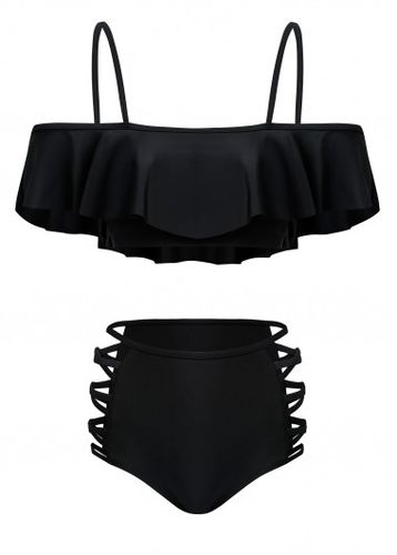 Mid Waist Black Flounce Lace Up Bikini Set - unsigned - Modalova