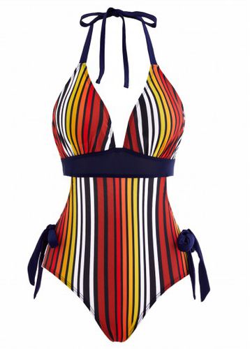 Striped Bowknot Side Halter One Piece Swimwear - unsigned - Modalova