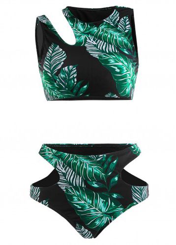 Cut Out Mid Waisted Leaf Print Black Bikini Set - unsigned - Modalova