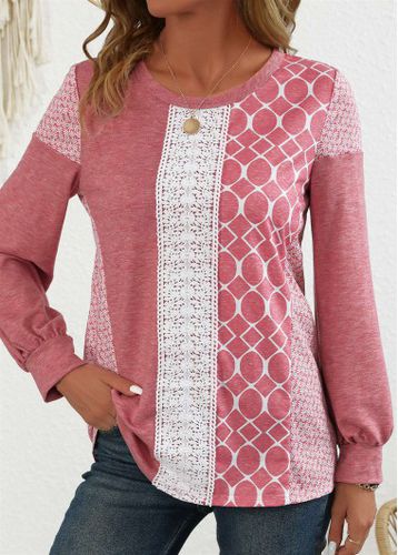 Pink Patchwork Geometric Print Long Sleeve Round Neck Sweatshirt - unsigned - Modalova