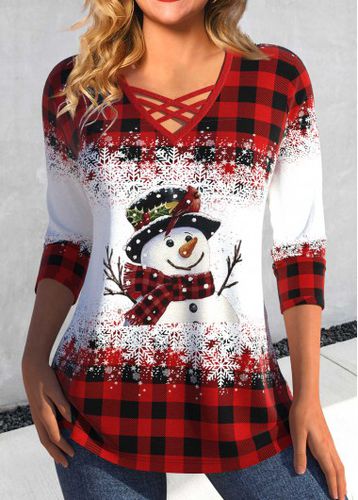 Red Criss Cross Snowman Print Long Sleeve T Shirt - unsigned - Modalova