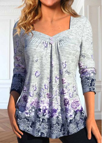 Grey Button Floral Print Long Sleeve T Shirt - unsigned - Modalova