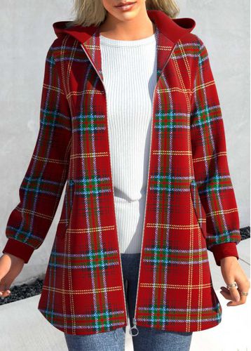 Wine Red Patchwork Plaid Long Sleeve Hooded Coat - unsigned - Modalova