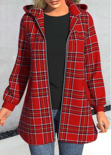 Red Pocket Plaid Long Sleeve Hooded Coat - unsigned - Modalova