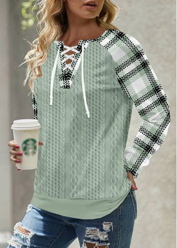 Sage Green Lace Up Plaid Long Sleeve Sweatshirt - unsigned - Modalova