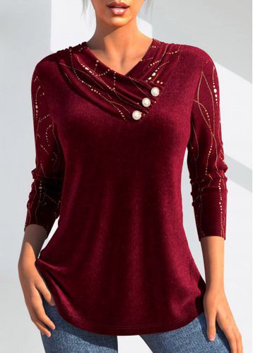 Wine Red Velvet Long Sleeve V Neck T Shirt - unsigned - Modalova
