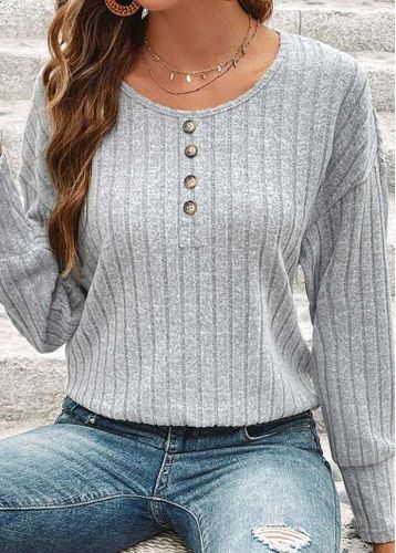Light Grey Marl Button Long Sleeve T Shirt - unsigned - Modalova