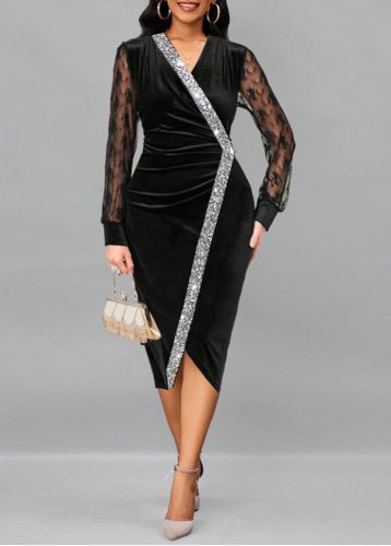 Black Sequin Long Sleeve V Neck Dress - unsigned - Modalova