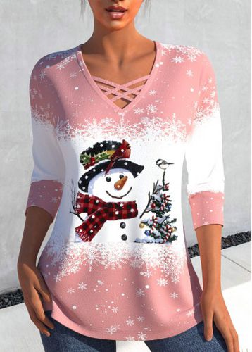 Light Pink Criss Cross Snowman Print T Shirt - unsigned - Modalova