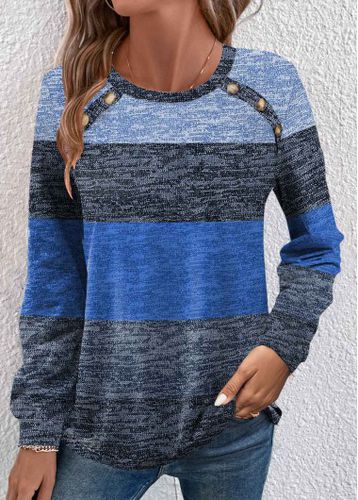 Blue Button Striped Long Sleeve Round Neck T Shirt - unsigned - Modalova