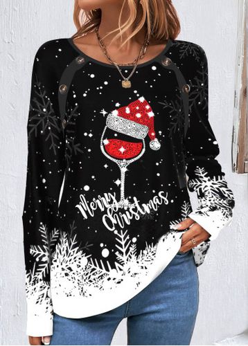 Black Button Christmas Print Long Sleeve Round Neck Sweatshirt - unsigned - Modalova