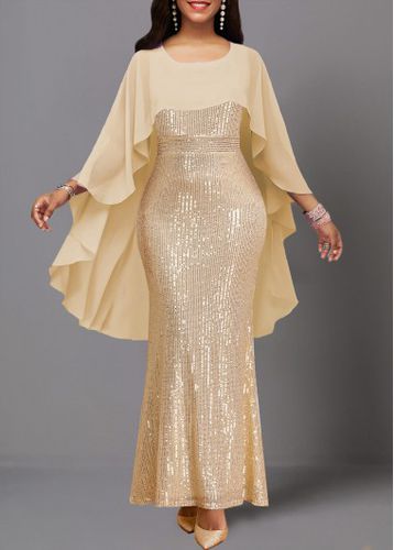 Beige Sequin Three Quarter Length Sleeve Dress - unsigned - Modalova