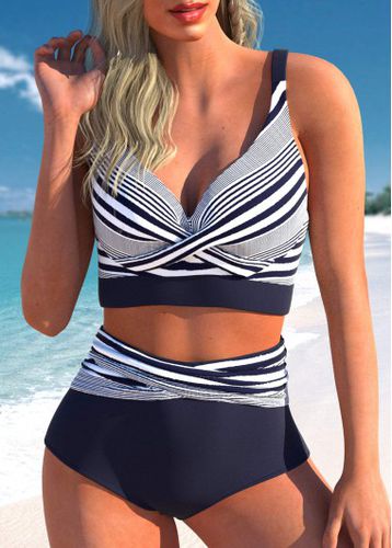 Surplice High Waisted Striped Navy Bikini Set - unsigned - Modalova