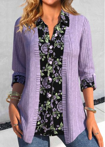 Light Purple Fake 2in1 Floral Print Shirt Collar Blouse - unsigned - Modalova